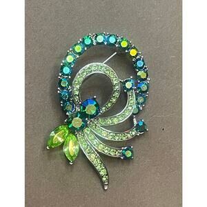 Alfred Sung Signed Peacock AB Rhinestone Swirl Brooch Green Vintage